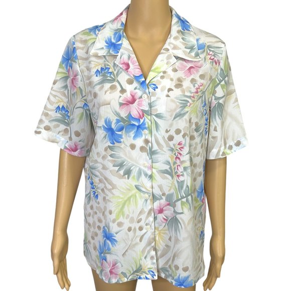 Vintage Alia‎ Womens 10 Pink Blue Floral Button Up Short Sleeve Blouse Shirt - Picture 1 of 11